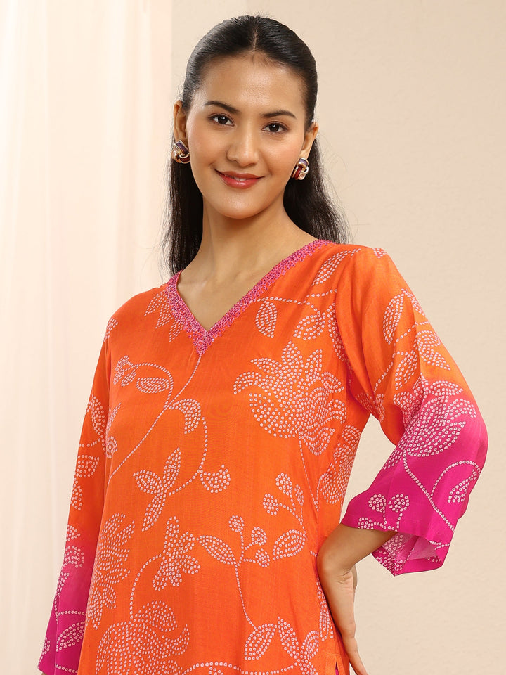 Orange Floral Printed Muslin Straight Suit Set With Dupatta