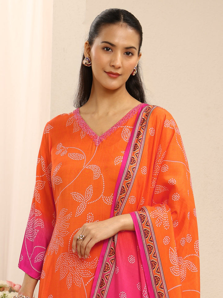 Orange Floral Printed Muslin Straight Suit Set With Dupatta
