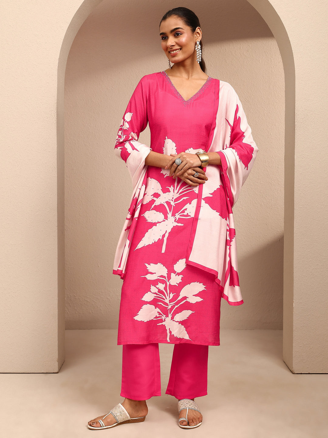Pink Printed Muslin Straight Suit Set With Dupatta