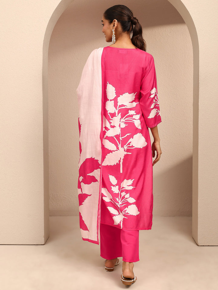 Pink Printed Muslin Straight Suit Set With Dupatta