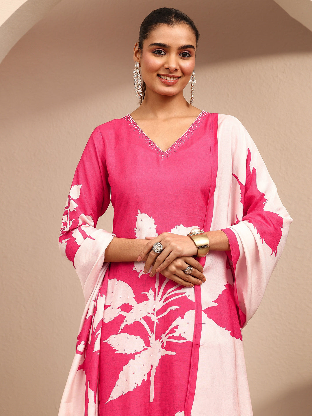 Pink Printed Muslin Straight Suit Set With Dupatta