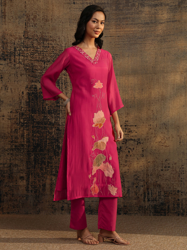 Pink Embroidered Chanderi Cotton Straight Suit Set With Dupatta