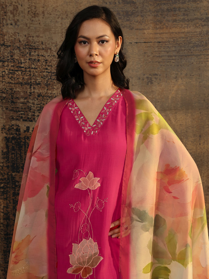 Pink Embroidered Chanderi Cotton Straight Suit Set With Dupatta