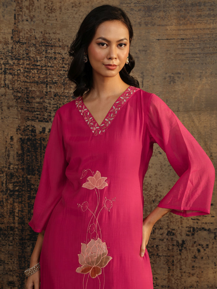 Pink Embroidered Chanderi Cotton Straight Suit Set With Dupatta