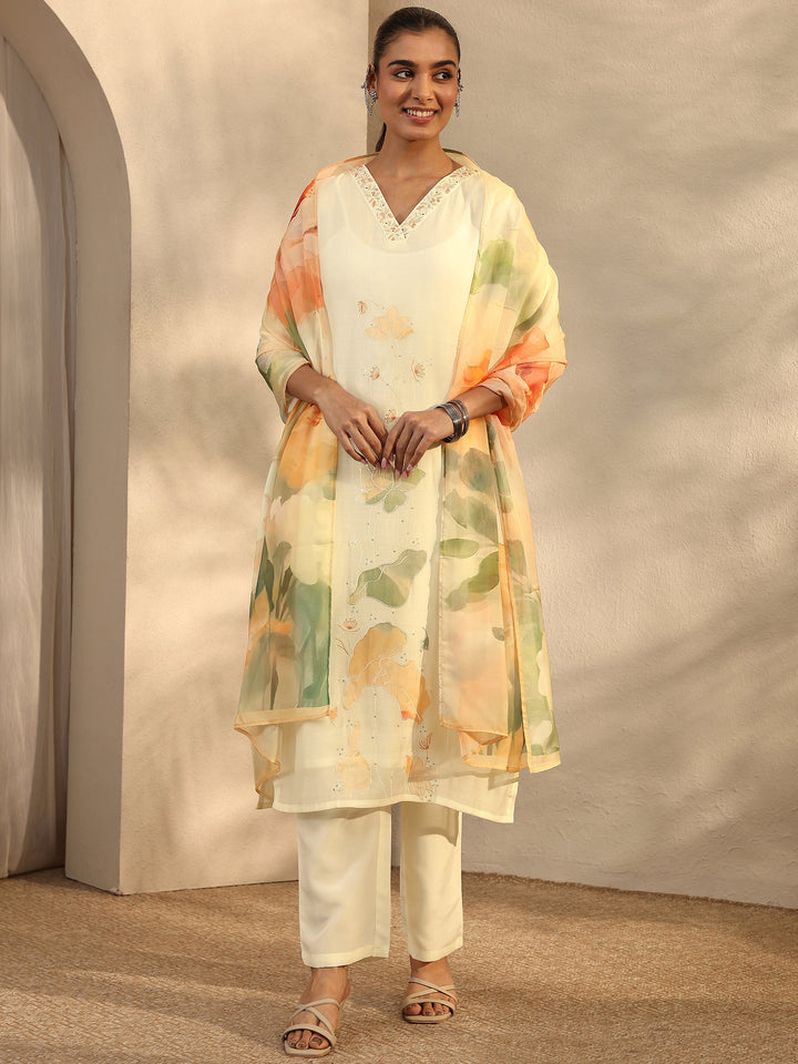 Off White Embroidered Chanderi Cotton Straight Suit Set With Dupatta