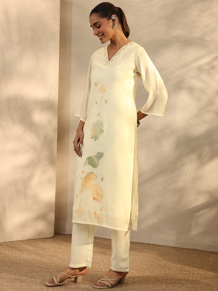 Off White Embroidered Chanderi Cotton Straight Suit Set With Dupatta