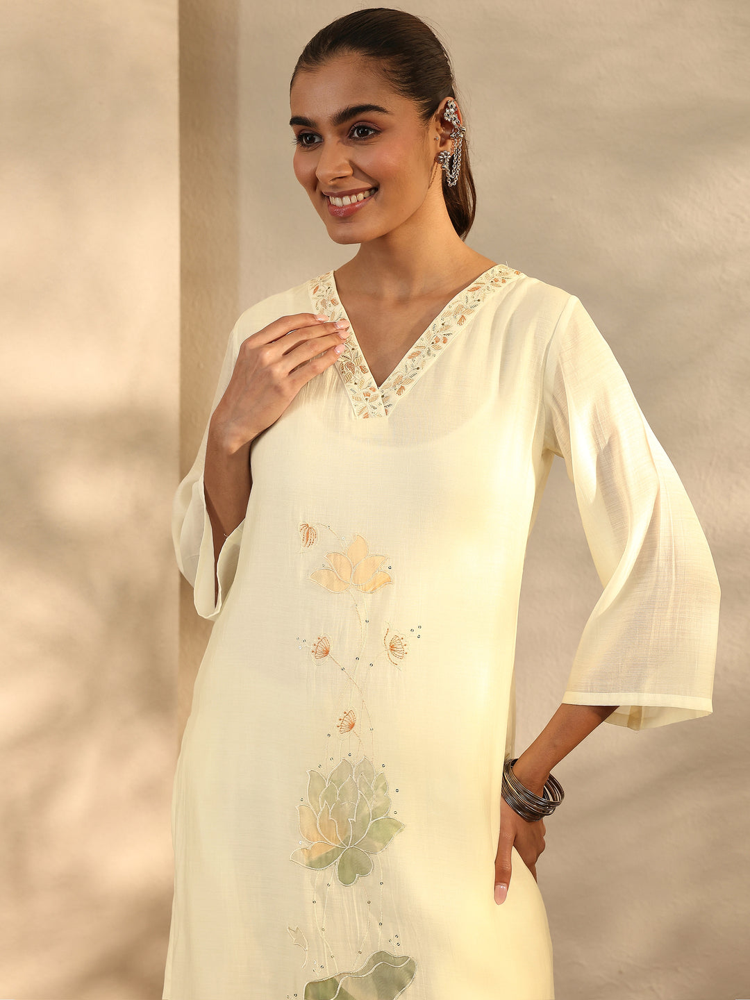 Off White Embroidered Chanderi Cotton Straight Suit Set With Dupatta