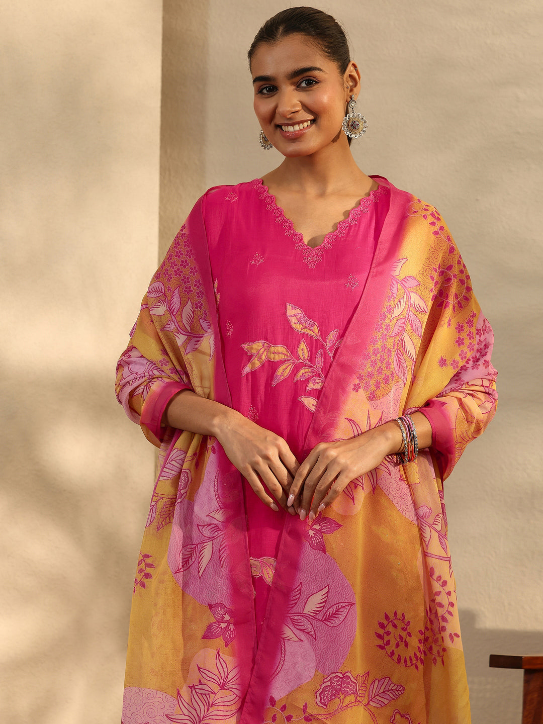 Pink Embroidered Chanderi Cotton Straight Suit Set With Dupatta