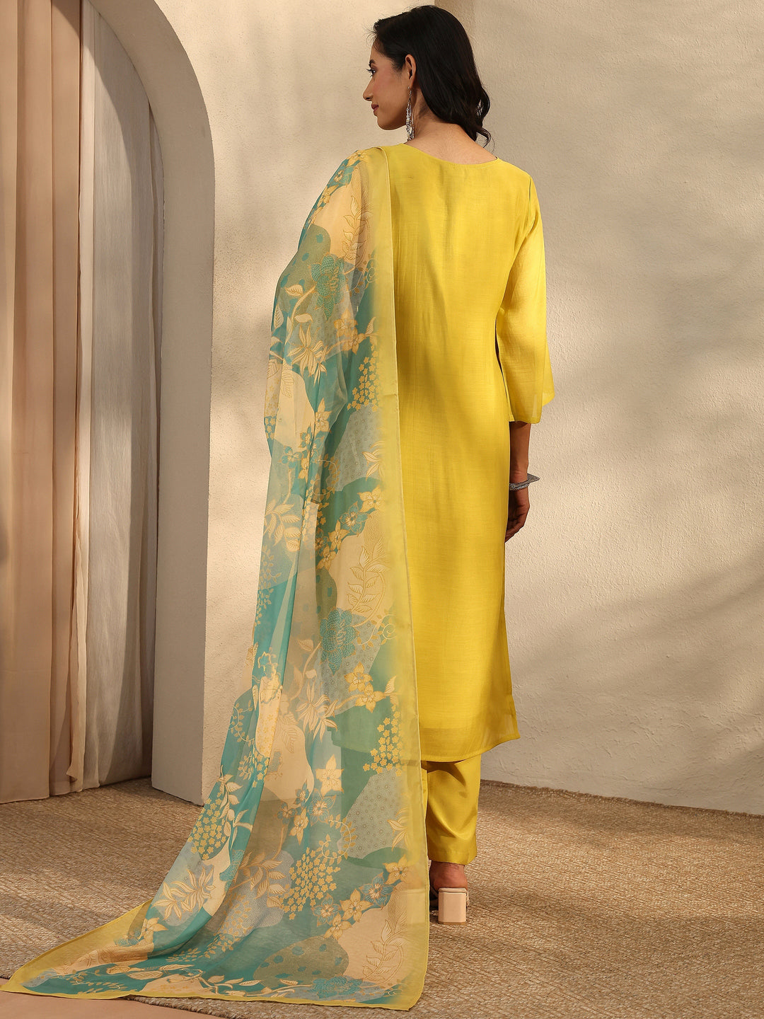 Green Embroidered Chanderi Cotton Straight Suit Set With Dupatta