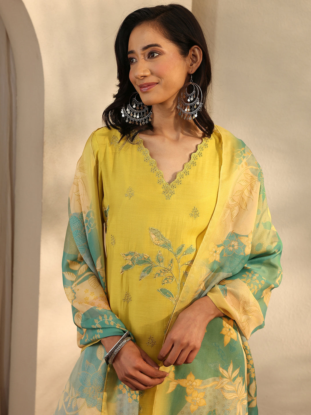 Green Embroidered Chanderi Cotton Straight Suit Set With Dupatta