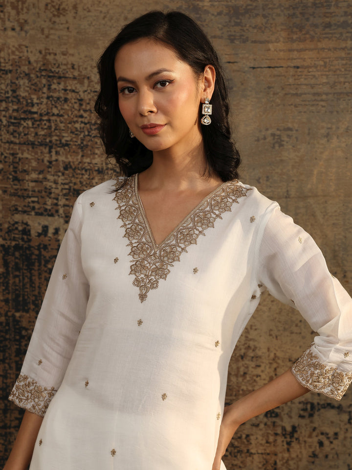 White Embroidered Chanderi Cotton Straight Suit Set With Dupatta