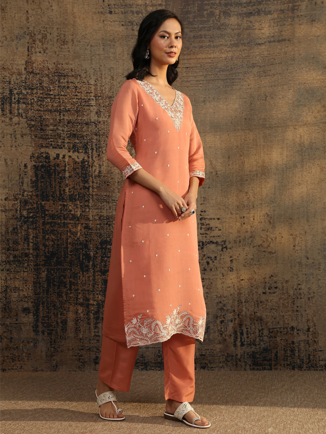 Peach Embroidered Chanderi Cotton Straight Suit Set With Dupatta