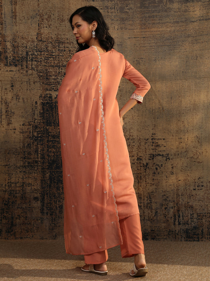 Peach Embroidered Chanderi Cotton Straight Suit Set With Dupatta