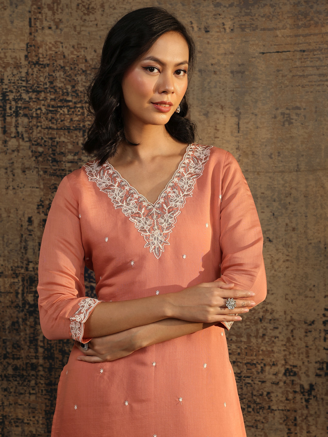 Peach Embroidered Chanderi Cotton Straight Suit Set With Dupatta