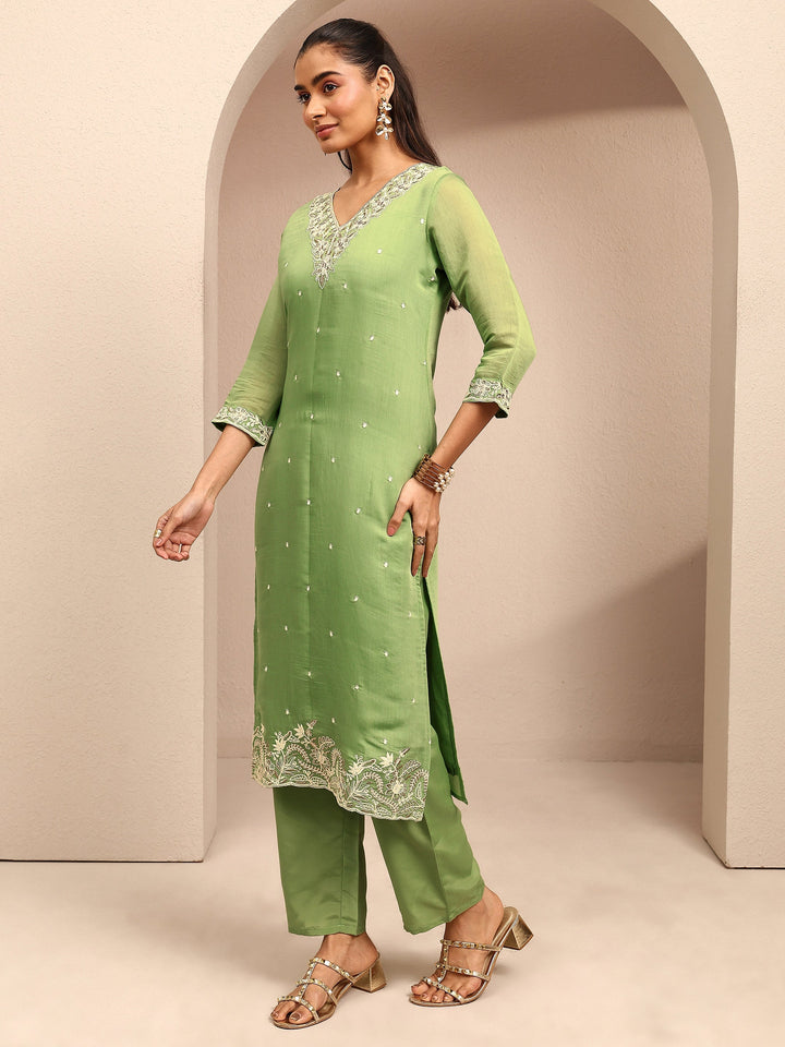 Green Embroidered Chanderi Cotton Straight Suit Set With Dupatta