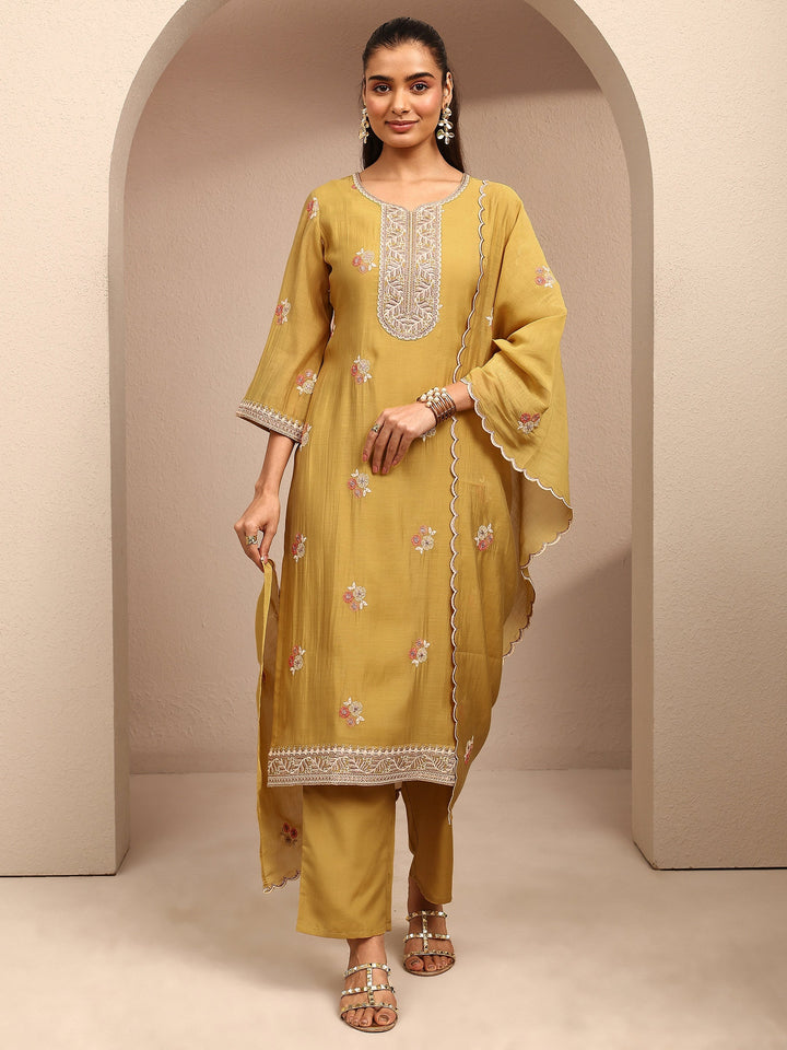 Mustard Embroidered Chanderi Cotton Straight Suit Set With Dupatta