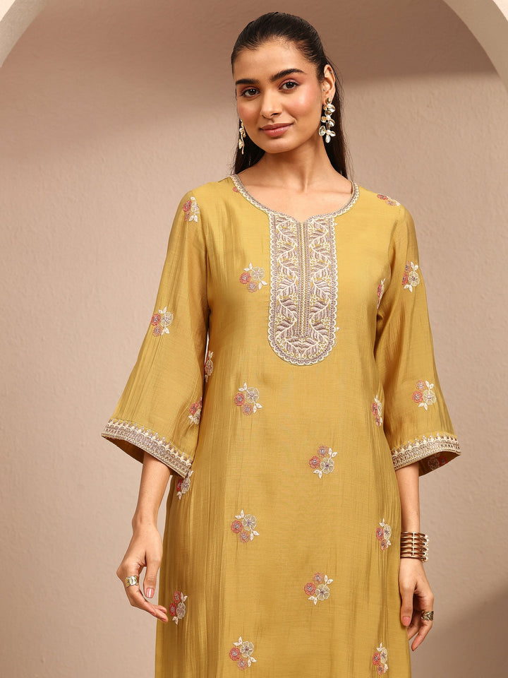 Mustard Embroidered Chanderi Cotton Straight Suit Set With Dupatta