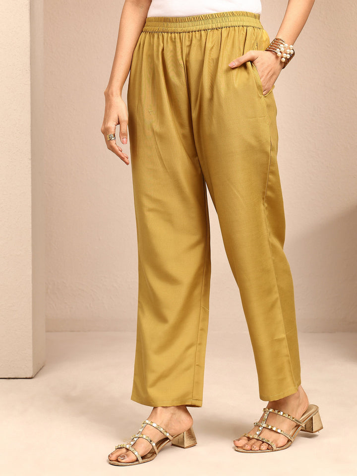 Mustard Embroidered Chanderi Cotton Straight Suit Set With Dupatta