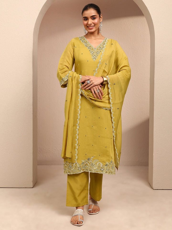 Mustard Embroidered Chanderi Cotton Straight Suit Set With Dupatta
