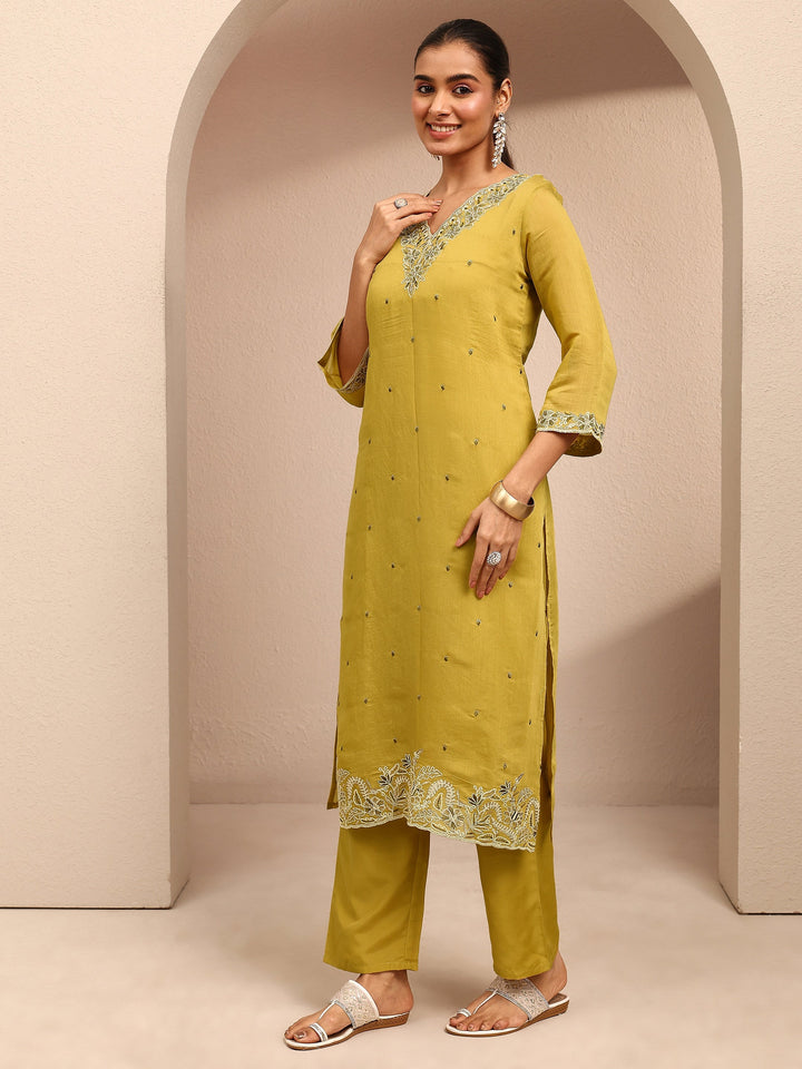 Mustard Embroidered Chanderi Cotton Straight Suit Set With Dupatta