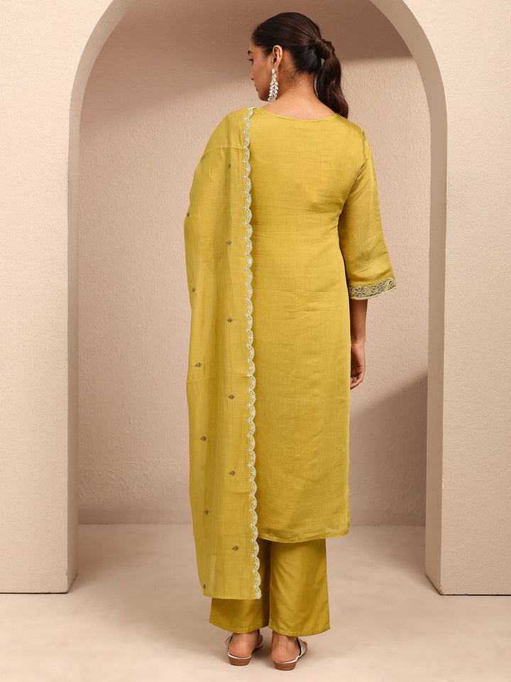 Mustard Embroidered Chanderi Cotton Straight Suit Set With Dupatta