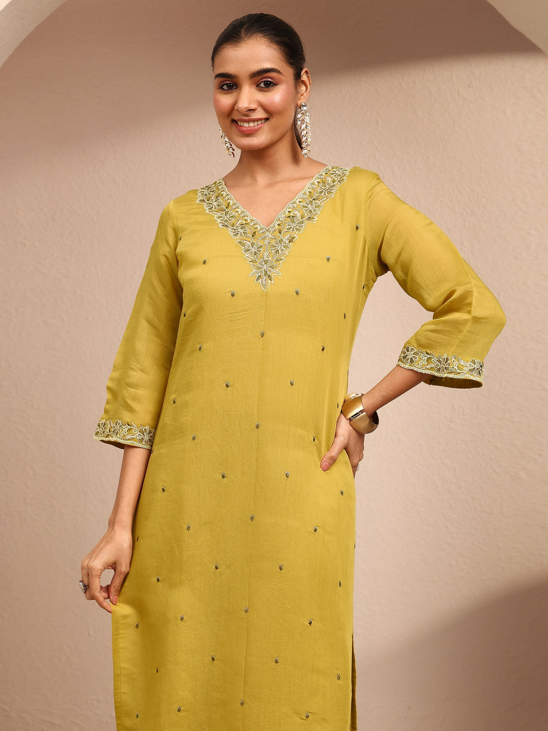 Mustard Embroidered Chanderi Cotton Straight Suit Set With Dupatta