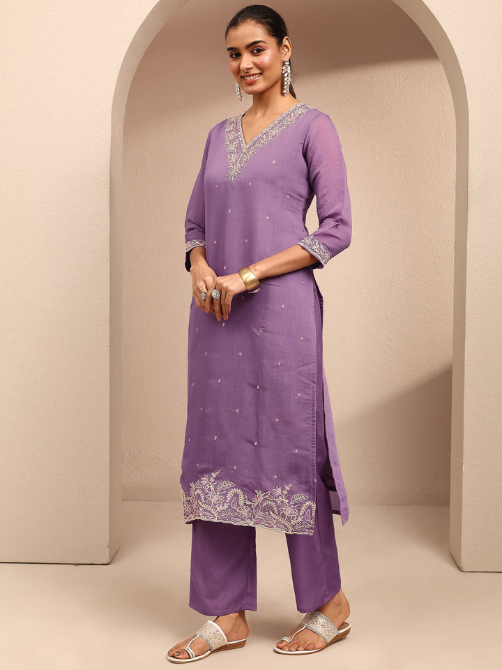 Purple Embroidered Chanderi Cotton Straight Suit Set With Dupatta