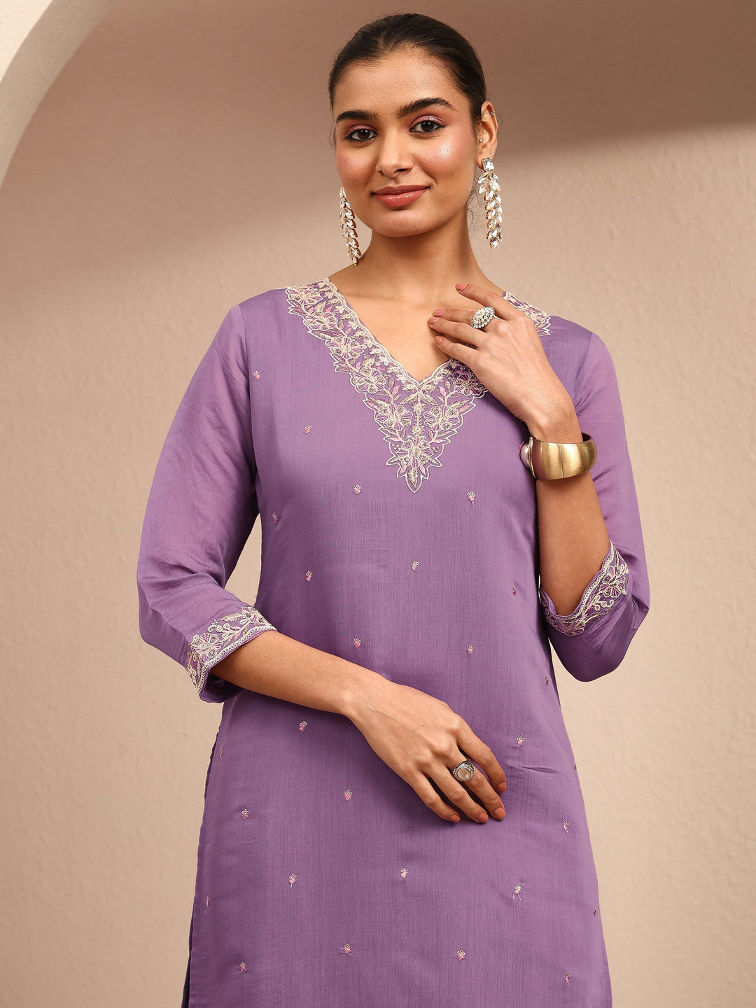 Purple Embroidered Chanderi Cotton Straight Suit Set With Dupatta