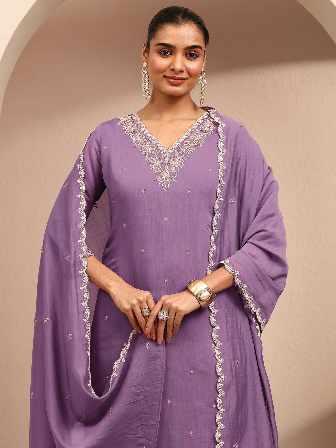 Purple Embroidered Chanderi Cotton Straight Suit Set With Dupatta