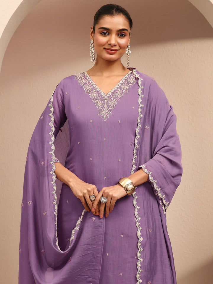 Purple Embroidered Chanderi Cotton Straight Suit Set With Dupatta