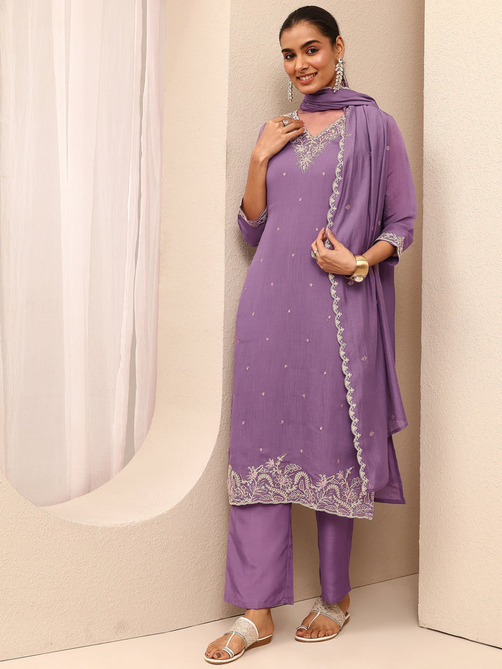 Purple Embroidered Chanderi Cotton Straight Suit Set With Dupatta