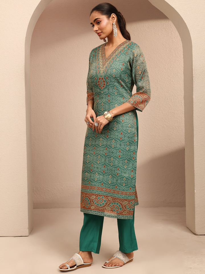 Green Bandhani Printed Silk Blend Straight Suit Set With Dupatta