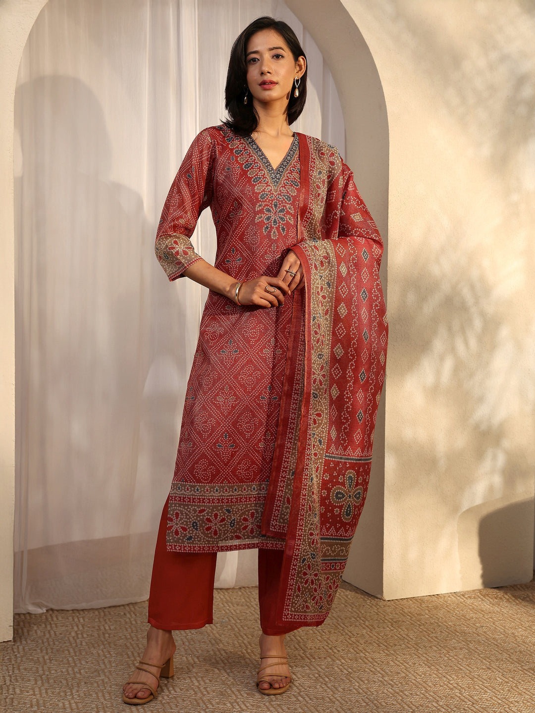 Rust Bandhani Printed Silk Blend Straight Suit Set With Dupatta