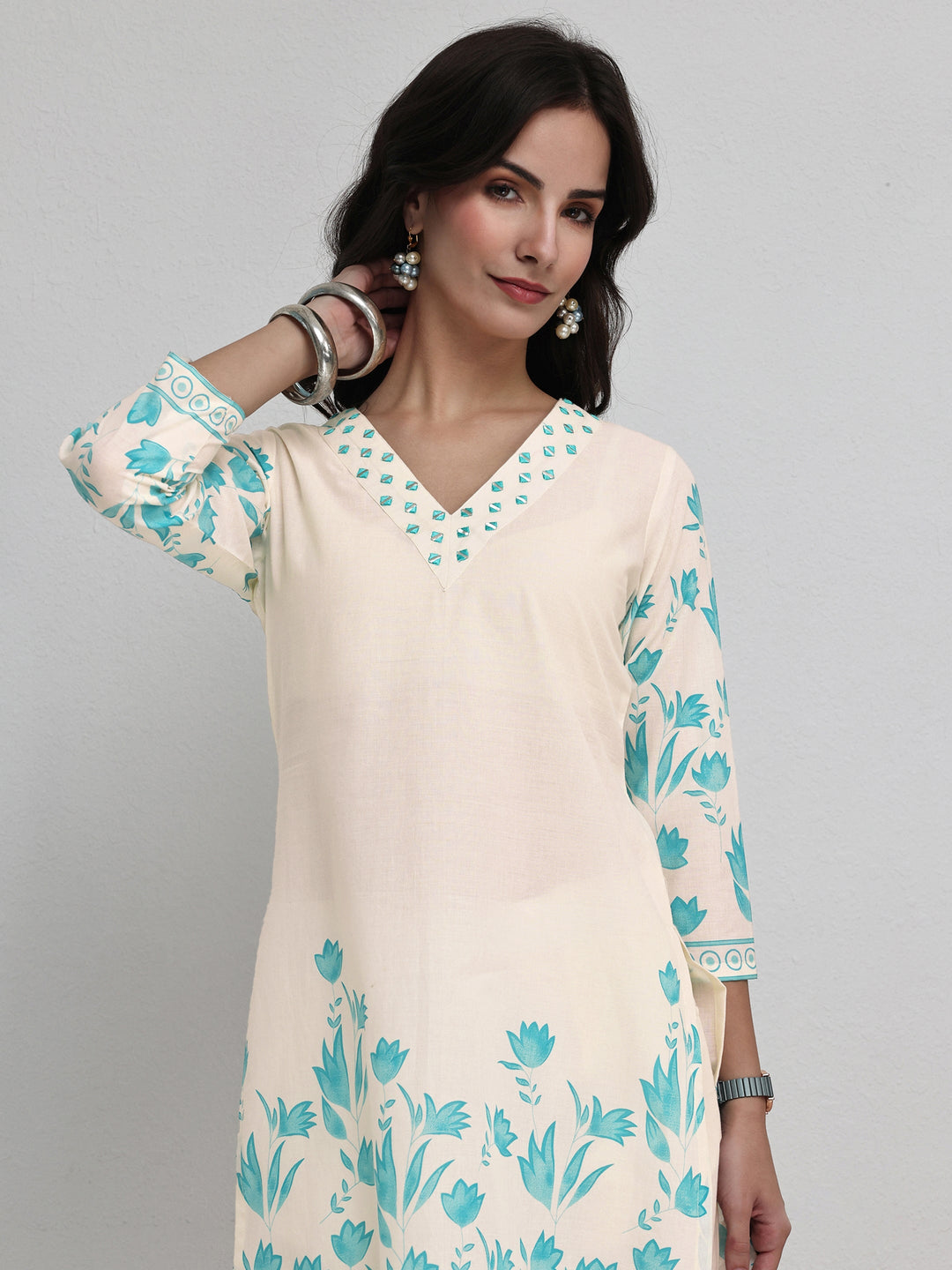 Off White Floral Printed Cotton Co-Ord Set