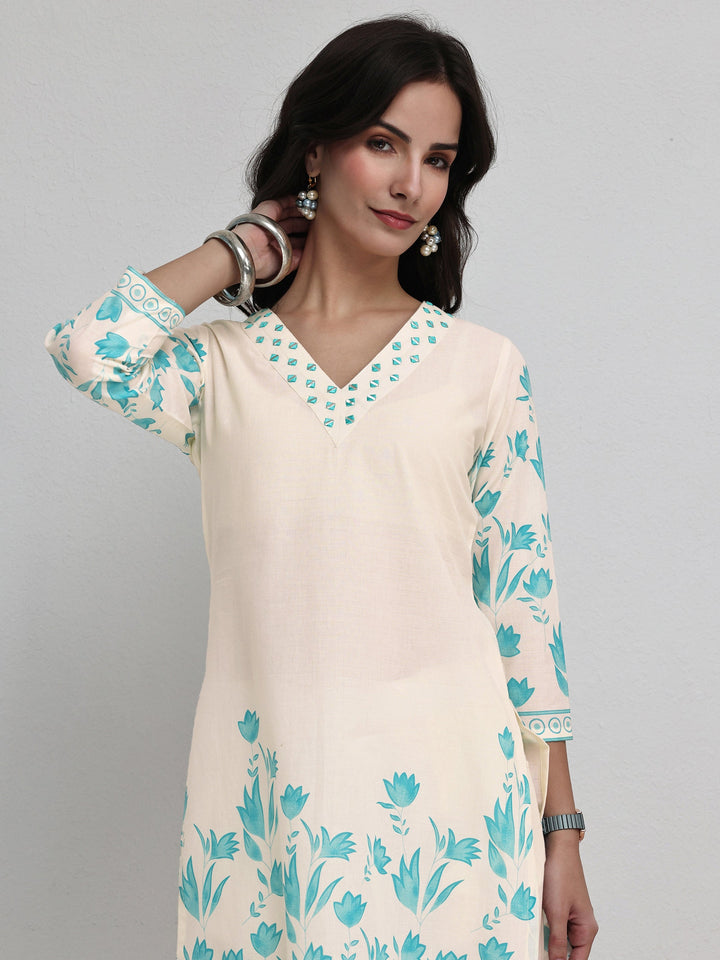 Off White Floral Printed Cotton Co-Ord Set