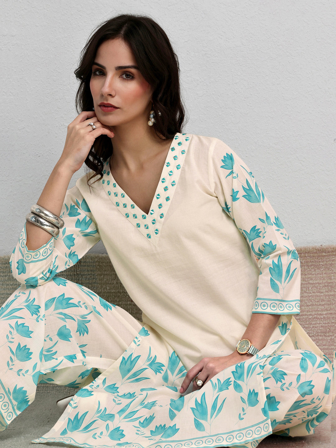 Off White Floral Printed Cotton Co-Ord Set