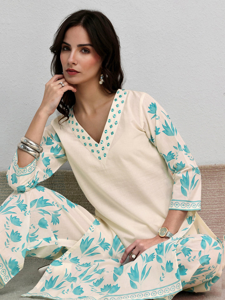 Off White Floral Printed Cotton Co-Ord Set