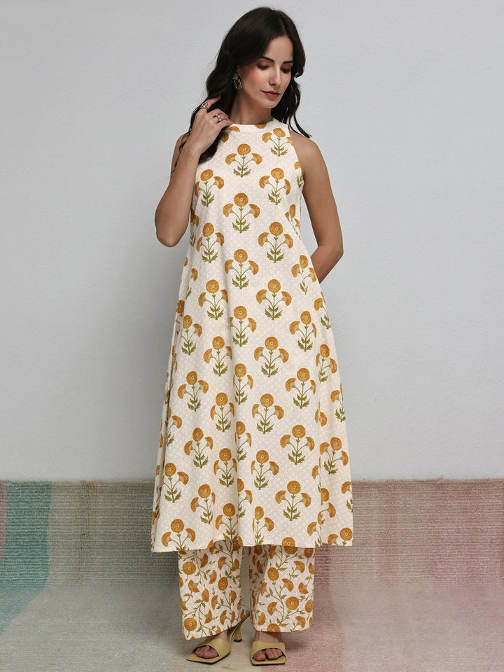 Off White Floral Printed Cotton A-Line Kurta Set