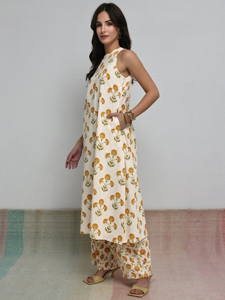 Off White Floral Printed Cotton A-Line Kurta Set