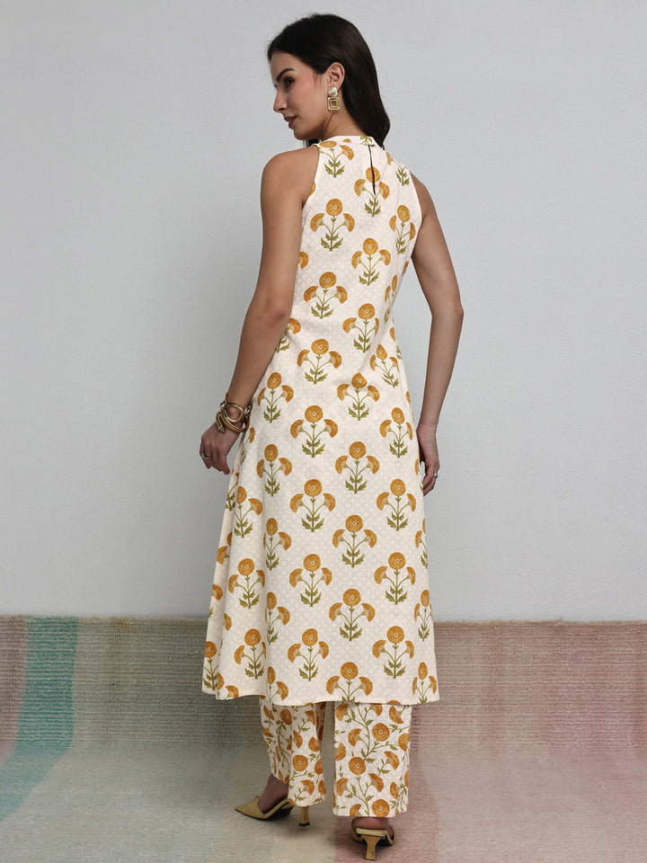 Off White Floral Printed Cotton A-Line Kurta Set