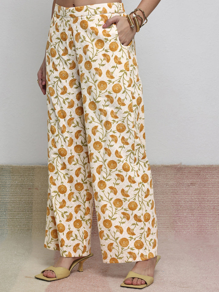 Off White Floral Printed Cotton A-Line Kurta Set