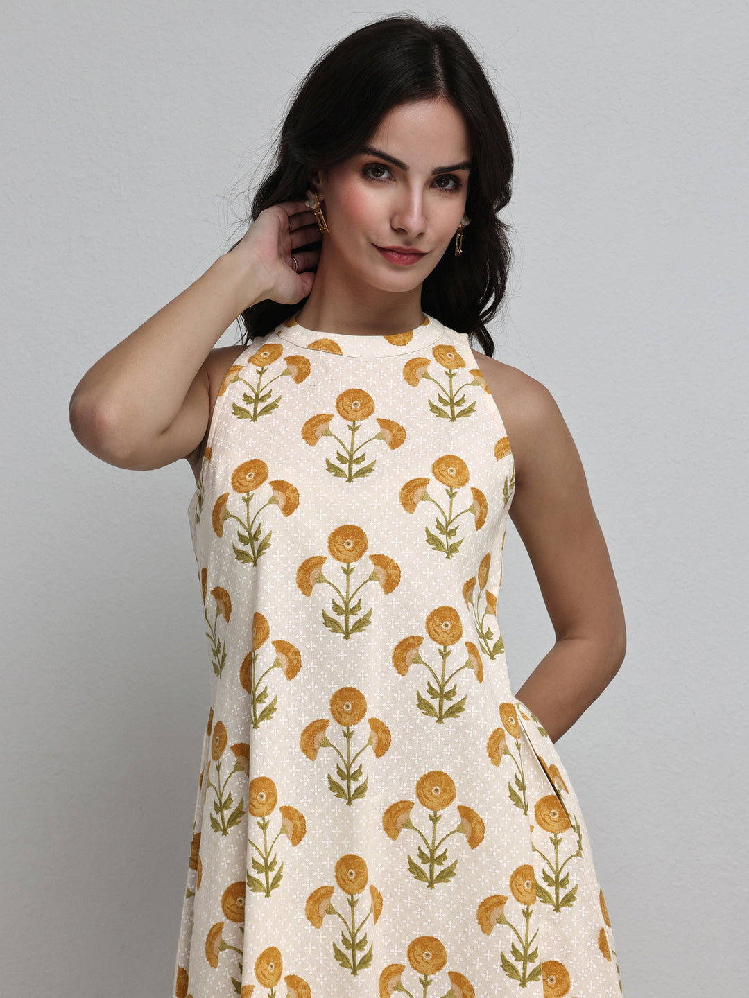 Off White Floral Printed Cotton A-Line Kurta Set