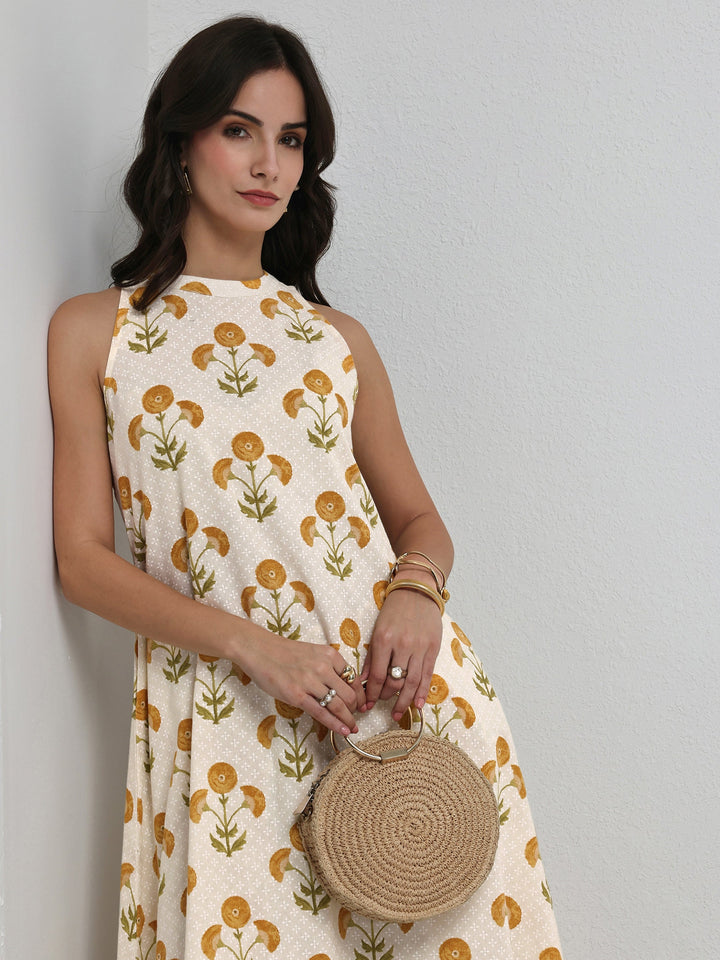 Off White Floral Printed Cotton A-Line Kurta Set