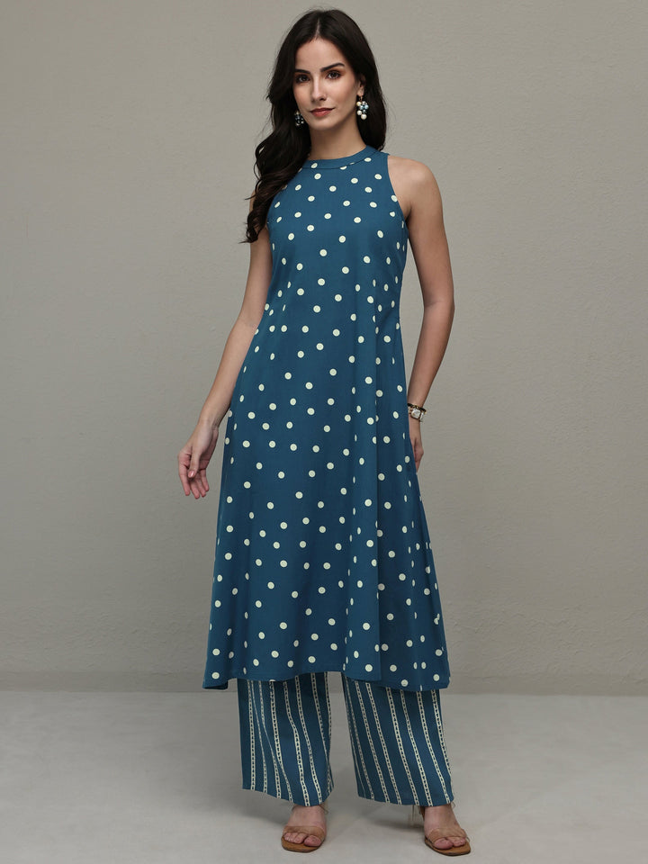 Blue Polka Dot Printed Cotton A-Line Kurta Set