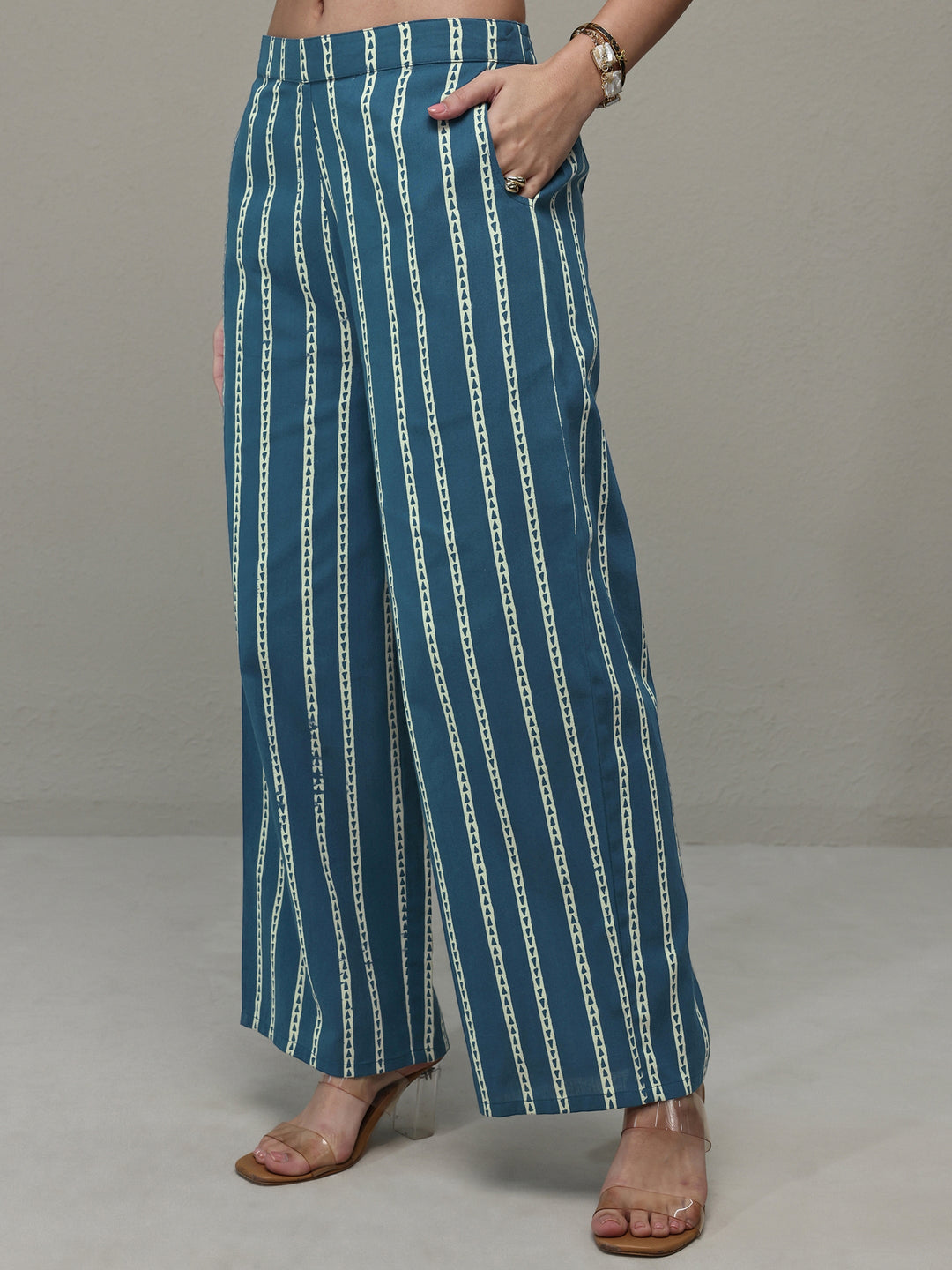 Blue Polka Dot Printed Cotton A-Line Kurta Set