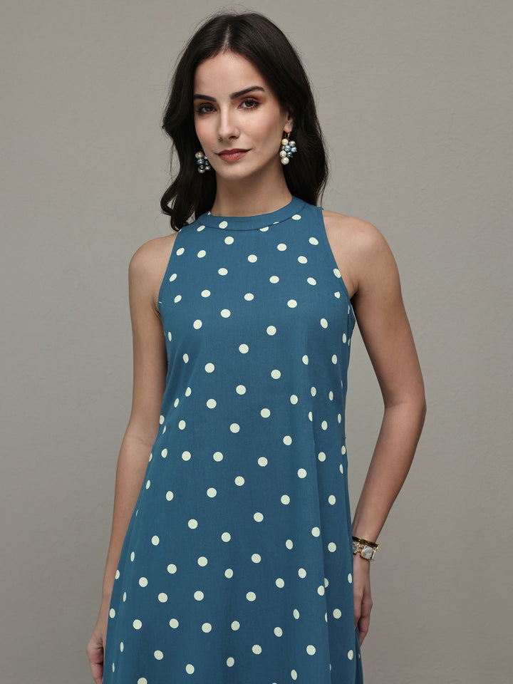 Blue Polka Dot Printed Cotton A-Line Kurta Set