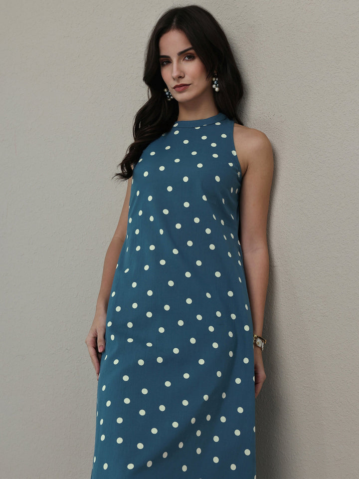 Blue Polka Dot Printed Cotton A-Line Kurta Set