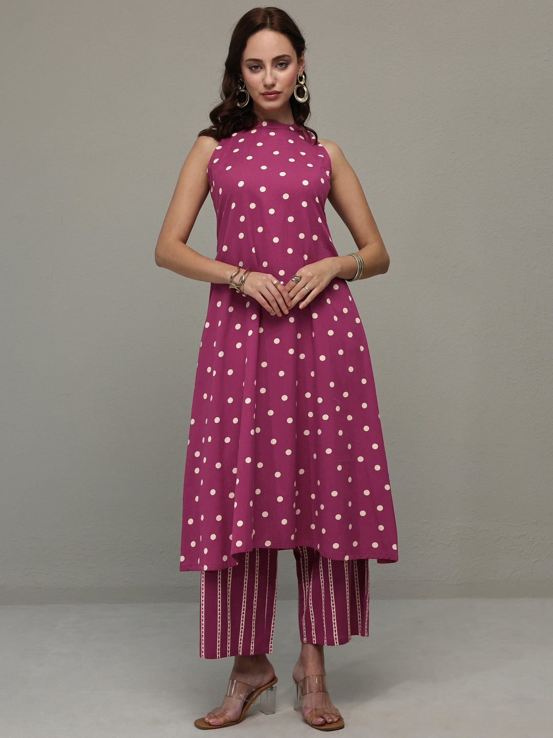 Pink Polka Dot Printed Cotton A-Line Kurta Set
