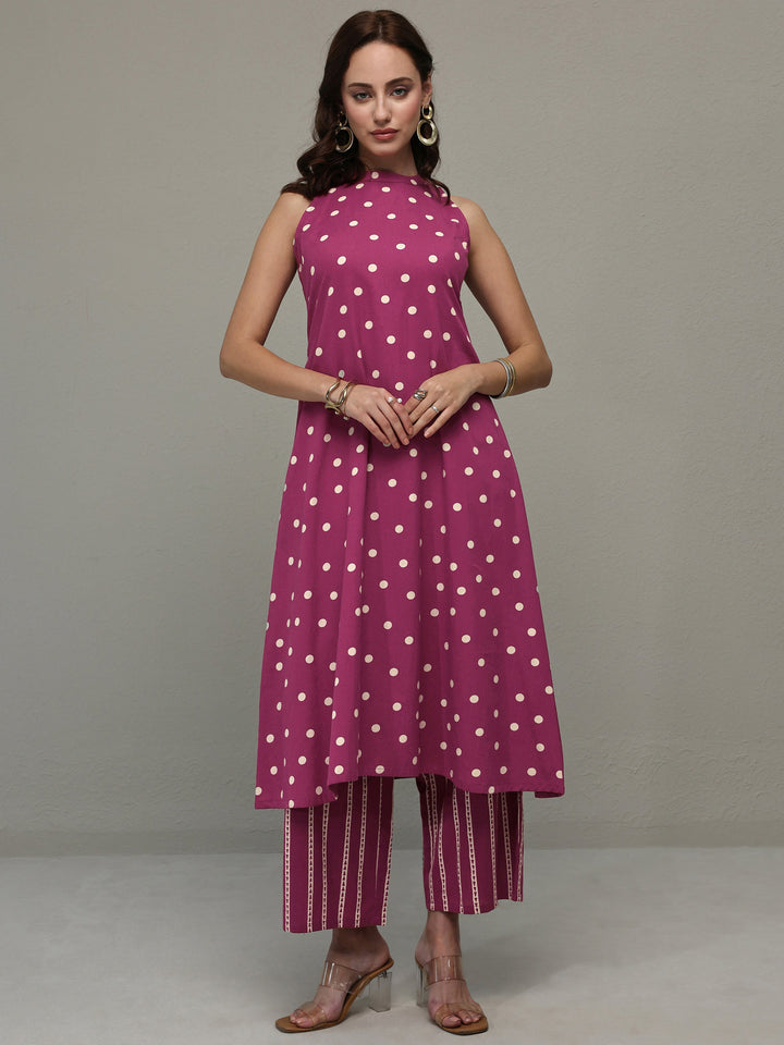 Pink Polka Dot Printed Cotton A-Line Kurta Set