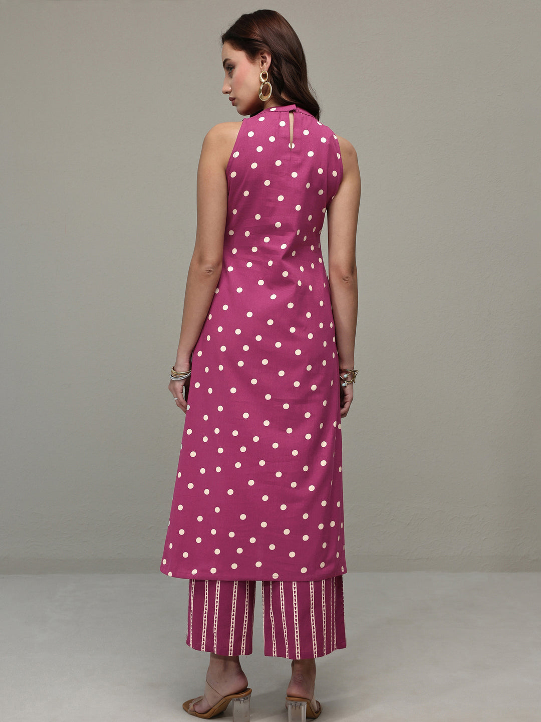 Pink Polka Dot Printed Cotton A-Line Kurta Set